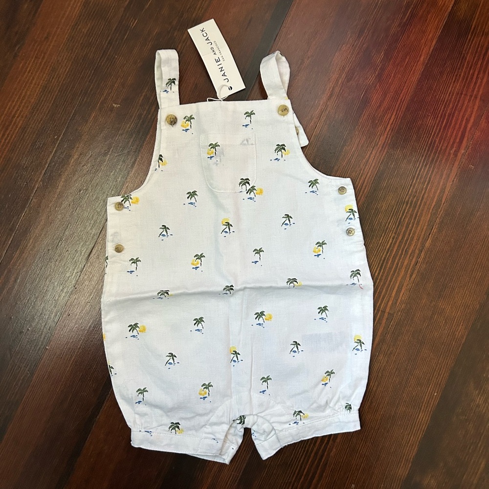 NWT Janie and Jack Kids Palm Print Overalls - White and Yellow